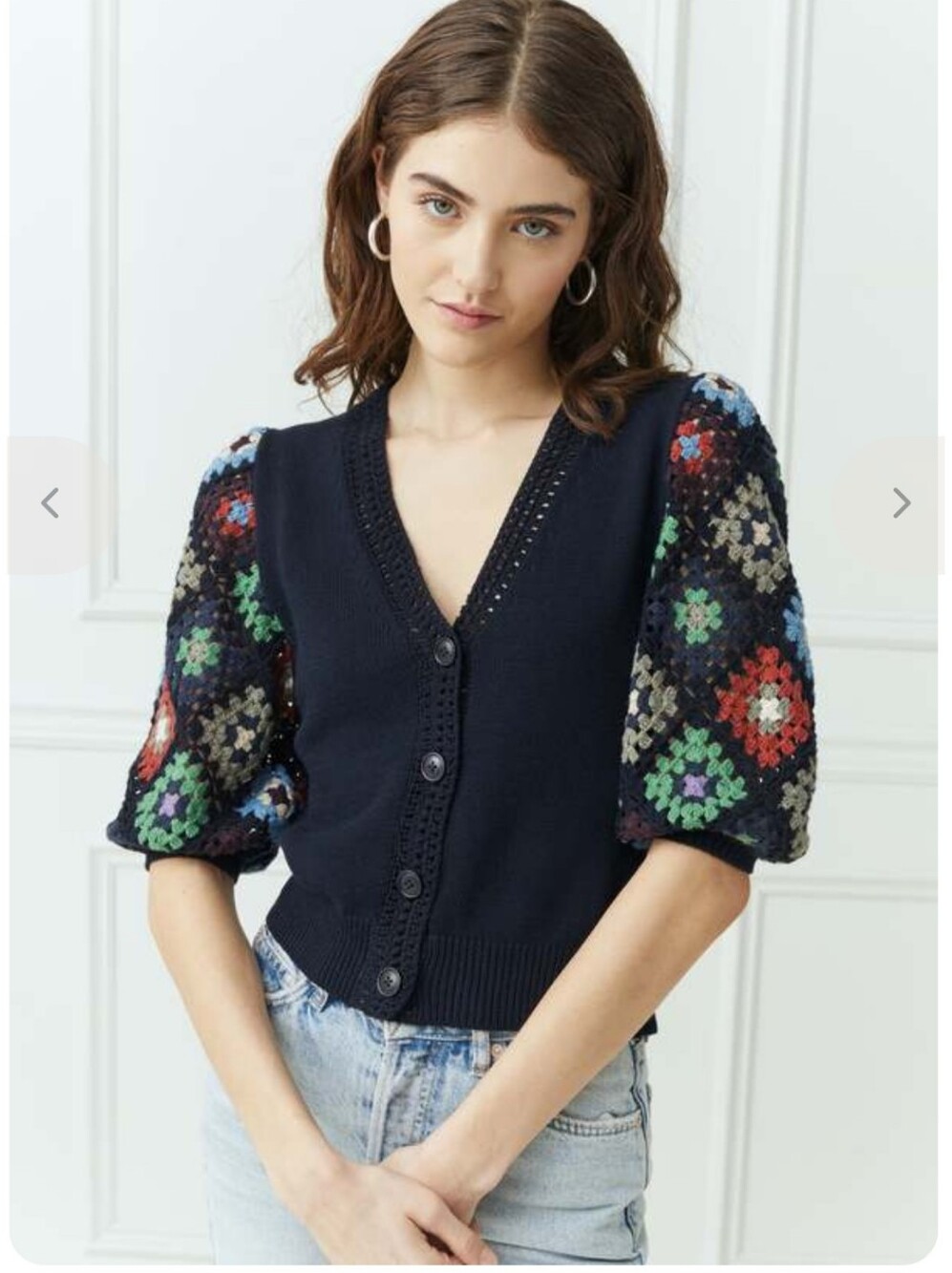 Autumn Cashmere Black Cardigan with Multicolor Crochet Puff Sleeves